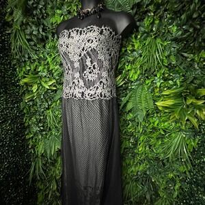 VINTAGE B'ZAR Dress Women 16 Black White‎ Formal Strapless Lace Beaded 1328